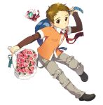  1boy amai_shirou belt black_footwear bouquet brown_eyes brown_hair child flower holding holding_bouquet l&#039;ecole_des_cinq_lumieres_school_uniform leg_belt male_child multiple_belts necktie orange_shirt pepepe_(pixiv44901) pink_flower pink_rose precure red_necktie rose school_uniform shirt short_hair simple_background solo suspenders syrup_(yes!_precure_5) white_background yes!_precure_5 