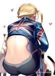  1girl akisa_yositake animal ass back back_focus blonde_hair blush cammy_white cat cropped_jacket facing_away flag_print from_behind heart highres long_sleeves looking_back short_hair solo squatting street_fighter street_fighter_6 tight_clothes union_jack union_jack_print 