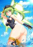  1girl ass bare_shoulders beret black_one-piece_swimsuit blue_sky blush breasts bright_pupils cleavage cleavage_cutout clothing_cutout cloud fate/grand_order fate_(series) gloves green_hair guriguri_(arayotto4351) hat head_wings highleg highleg_swimsuit large_breasts long_hair looking_at_viewer olrun_(fate) one-piece_swimsuit red_eyes sandals sideboob sky sleeveless smile solo sunlight swimsuit thigh_strap thighs twintails valkyrie_(fate) water white_pupils wings 