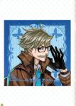  absurdres alternate_costume alternate_hairstyle blue_eyes blue_necktie blurry blurry_background bug butterfly facial_hair fate/grand_order fate_(series) glasses gloves hair_slicked_back highres honjou_raita james_moriarty_(archer)_(fate) looking_at_viewer mustache necktie official_art old old_man 
