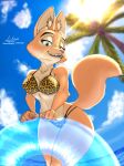  absurd_res anthro big_breasts bikini breasts canid canine clothed clothing diane_foxington digital_media_(artwork) dreamworks eyebrow_piercing facial_piercing female floatie fox fur hi_res inflatable link6432 looking_at_viewer mammal orange_body orange_fur piercing smile solo swimwear the_bad_guys thick_thighs 