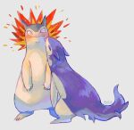  2others aonik artist_name blush closed_eyes fire hisuian_typhlosion licking looking_at_viewer multiple_others no_humans pokemon pokemon_(creature) simple_background typhlosion wavy_hair white_background 