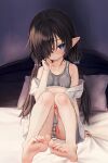  1girl absurdres barefoot black_hair blue_eyes blush bra breasts clothes_down clothing_aside commentary_request expressionless feet full_body grey_bra h.yasai hair_over_one_eye highres long_hair looking_at_viewer low_twintails navel on_bed open_clothes open_shirt original panties panties_aside pillow pointy_ears pussy sitting small_breasts solo sports_bra striped striped_panties toes twintails underwear veins 