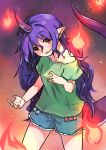  1girl absurdres blue_shorts clothes_writing collarbone fire gradient_horns green_shirt hair_between_eyes highres horns long_hair looking_at_viewer multicolored_horns open_mouth pointy_ears purple_hair red_eyes shirt shorts single_horn solo tail take_no_ko_(4919400) tenkajin_chiyari test_tube touhou 