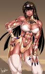 1girl abs ankh ankh_earrings aqua_eyes bowalia bracelet breasts bridal_gauntlets brown_hair contrapposto cyborg egyptian gold gold_trim hand_on_own_hip hand_on_own_thigh jewelry large_breasts long_hair looking_at_viewer muscular muscular_female original revealing_clothes shiny_skin signature solo standing thighhighs usekh_collar 
