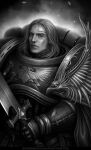  2018 armor artist_name breastplate emperor&#039;s_children gauntlets greyscale holding holding_sword holding_weapon imperial_aquila long_hair looking_at_viewer monochrome patch pauldrons portrait power_armor purity_seal saul_tarvitz shoulder_armor simple_background solo sword veronica_anrathi warhammer_40k weapon web_address 