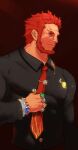  1boy absurdres alternate_costume artist_request bara beard black_shirt collared_shirt cropped_torso facial_hair fate/grand_order fate_(series) formal highres iskandar_(fate) jewelry large_pectorals looking_at_viewer male_focus mature_male medal multiple_rings muscular muscular_male necktie necktie_grab neckwear_grab pectorals red_eyes red_hair red_necktie ring shirt short_hair sideways_glance solo thick_eyebrows tight_clothes tight_shirt 