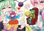  2girls black_headwear blue_shirt bow bowtie chair closed_eyes commentary drawing fox_mask fub_(fubimanji) gradient_background green_hair green_skirt hand_fan hat hat_bow hata_no_kokoro heart highres holding holding_drawing holding_fan komeiji_koishi long_hair mask mask_on_head multiple_girls orange_skirt pink_eyes pink_hair purple_bow purple_bowtie shirt sitting skirt third_eye touhou translation_request upper_body x yellow_background yellow_bow yellow_shirt 