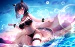  1girl absurdres alternate_costume animal_ears bare_shoulders bikini black_hair breasts closed_eyes ear_covers eishin_flash_(umamusume) fujimoto_setsuna highres horse_ears horse_tail large_breasts medium_breasts ocean open_mouth outdoors scrunchie solo stomach swimsuit tail thigh_scrunchie umamusume wrist_scrunchie 