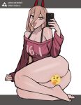  1girl arm_support ass bare_shoulders blonde_hair bottomless breasts cellphone chainsaw_man donburi_(donburikazoku) emoji emoji_censor hair_between_eyes highres holding holding_phone horns long_sleeves phone power_(chainsaw_man) red_horns red_shirt selfie shirt smartphone solo 