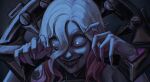  1girl blood blood_from_mouth briar_(league_of_legends) chained_wrists grey_eyes grey_hair hair_between_eyes hands_up highres league_of_legends long_hair noctysart red_lips sharp_teeth smile solo teeth unfinished vampire 