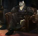  4_fingers absurd_res anthro belt biped black_nose bottomwear canid canine canis chair chest_tuft clothing countershade_face countershading fingers footwear furniture gloves handwear hi_res kitai_su male mammal pants plantigrade shoes sitting solo topwear tuft wolf 