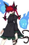  1girl :d absurdres animal_ears black_dress black_ribbon blunt_bangs blunt_tresses blush braid breasts cat_ears cat_tail commentary_request contrapposto dress extra_ears feet_out_of_frame floating_skull highres hitodama ichirugi juliet_sleeves kaenbyou_rin leg_ribbon legs_apart long_hair long_sleeves multiple_tails nekomata parted_lips pointy_ears puffy_sleeves red_eyes red_hair ribbon simple_background slit_pupils small_breasts smile solo standing tail touhou twin_braids two_tails white_background 