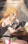  1girl aki_rosenthal aki_rosenthal_(6th_costume) alcohol bare_shoulders beer beer_mug belt black_belt black_shirt blonde_hair blush breasts chair cup dress hair_twirling half-closed_eyes harry_(dudwofla) highres hololive large_breasts long_hair looking_down loose_belt low_twintails menu mug no_bra off-shoulder_shirt off_shoulder official_alternate_costume official_alternate_hairstyle open_mouth overall_skirt overalls paint_stains parted_bangs pink_nails restaurant shirt short_dress solo strap_slip table twintails very_long_hair virtual_youtuber white_overalls wristband 