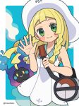  1girl absurdres bag blonde_hair blunt_bangs blush braid closed_mouth cosmog dress duffel_bag green_eyes hand_up hat highres holding holding_bag kokashiho lillie_(pokemon) long_hair looking_at_viewer pokemon pokemon_(game) pokemon_sm sleeveless sleeveless_dress smile sun_hat twin_braids waving white_dress white_headwear 