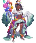  1girl alternate_costume balloon black_shorts breasts brown_hair candy_hair_ornament circlet closed_mouth dark-skinned_female dark_skin fire_emblem fire_emblem_engage fire_emblem_heroes food-themed_hair_ornament full_body ghost_hair_ornament gradient_clothes hair_ornament high_ponytail highres holding holding_weapon jack-o&#039;-lantern long_hair long_sleeves looking_at_viewer medium_breasts midriff navel non-web_source official_alternate_costume official_art okada_manabi parted_bangs polearm ponytail pumpkin red_eyes ribbon shiny_skin shoes shorts skirt sleeves_past_wrists solo spear standing star-shaped_pupils star_(symbol) stomach symbol-shaped_pupils timerra_(fire_emblem) transparent_background weapon wide_sleeves 