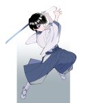  1boy aged_down black_hair blue_bow blue_eyes blue_hakama bow child closed_mouth full_body gradient_background grey_background hakama holding holding_sword holding_weapon incoming_attack japanese_clothes jumping kimono long_sleeves looking_at_viewer male_child male_focus okurase rurouni_kenshin seta_soujirou short_hair smile socks solo standing sword tabi unsheathed waraji weapon white_background white_kimono white_socks wide_sleeves 
