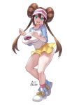  1girl achromaru bag bare_legs blue_eyes blush bow breasts bright_pupils brown_hair collarbone double_bun doughnut_hair_bun hair_bun hands_up hat high_tops highres large_breasts leaning_forward long_hair looking_at_viewer open_mouth pantyhose pantyhose_removed pink_bow pokemon pokemon_(creature) pokemon_(game) pokemon_bw2 raglan_sleeves rosa_(pokemon) shirt shoes short_shorts shorts signature simple_background smile sneakers solo twintails visor_cap white_background yellow_shorts 
