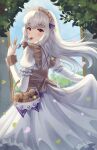  1girl apron basket cookie doiparuni dress fire_emblem fire_emblem:_three_houses fire_emblem_heroes food food_in_mouth frilled_dress frills highres holding holding_basket holding_cookie holding_food lace_trim long_hair looking_at_viewer lysithea_von_ordelia lysithea_von_ordelia_(tea_party) maid maid_apron maid_headdress official_alternate_costume official_alternate_hairstyle purple_eyes solo white_dress white_hair 