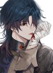  1boy bandaged_hand bandages black_jacket blade_(honkai:_star_rail) blood blood_on_arm blue_hair chinese_clothes earrings fractalmagnolia gold_trim hair_over_one_eye honkai:_star_rail honkai_(series) jacket jewelry licking licking_blood looking_to_the_side male_focus medium_hair red_eyes red_hair simple_background slit_pupils solo tongue tongue_out upper_body white_background 