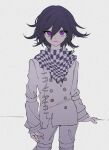  1boy black_hair buttons checkered_clothes checkered_scarf cowboy_shot danganronpa_(series) danganronpa_v3:_killing_harmony double-breasted grey_jacket grey_pants highres jacket long_sleeves male_focus oma_kokichi pants parted_lips pink_eyes pink_mouth pote_(pote_39) scarf short_hair smile solo teeth tongue 