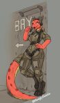  2023 anthro clothed clothing digitigrade_footwear english_text female hand_on_hip harness hi_res horn hungrydazzle kobold solo standing text 