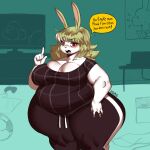  angry anthro belly big_belly big_breasts big_butt breasts butt clothed clothing eldiipiid female fur green_hair hair hi_res lagomorph leporid mammal mary_gray_(eldiipiid) messy_room open_mouth overweight overweight_anthro overweight_female rabbit red_eyes solo television text wide_hips 