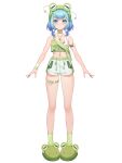  1girl absurdres animal_slippers ankle_socks armlet arms_at_sides bare_arms bare_shoulders bekki_(vtuber) blue_eyes blue_hair blue_scrunchie bow bowtie closed_mouth crop_top daisy flower frog_hat frog_slippers full_body green_shorts green_socks green_tank_top highres jewelry looking_at_viewer low_twintails medium_hair navel necklace off_shoulder official_art scrunchie short_shorts shorts sixiwanzi slippers smile socks solo sports_bra standing stomach tachi-e tank_top thigh_strap transparent_background twintails virtual_youtuber white_flower white_sports_bra yellow_bow 