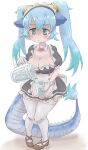  1girl :&lt; alternate_costume animal_ears apron black_dress blue_eyes blue_hair blush breasts cleavage cup detached_collar dragon_girl dragon_tail dress drinking_glass enmaided frilled_apron frills gloves hair_between_eyes highres holding_jug huge_breasts k_(susiinochi24) kemono_friends kemono_friends_3 long_hair looking_at_viewer maid maid_apron multicolored_hair pouring puffy_short_sleeves puffy_sleeves seiryuu_(kemono_friends) short_sleeves solo tail thighhighs twintails waist_apron white_apron zettai_ryouiki 