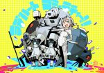  1girl absurdres bear bodysuit commentary_request green_eyes grey_bodysuit grey_hair highres humanoid_robot martin_(punishing:_gray_raven) multiple_others nanami:_starfarer_(punishing:_gray_raven) nanami_(punishing:_gray_raven) non-humanoid_robot open_mouth punishing:_gray_raven robot robot_animal side_ponytail spacesuit teeth tiara translation_request upper_teeth_only watasi_ch3 
