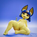  animal_crossing ankha_(animal_crossing) anthro big_ears blue_background blue_hair domestic_cat felid feline felis female flat_chested genitals hair hi_res looking_at_viewer mammal navel nintendo nude presenting presenting_pussy pussy sashacakes short_stack simple_background sitting smile smiling_at_viewer solo spread_legs spreading thick_thighs tongue tongue_out wide_hips yellow_body 