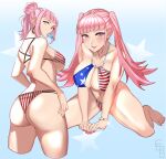  1girl american_flag american_flag_bikini artist_logo ass bikini blush bracelet ceroccb earrings fire_emblem fire_emblem:_three_houses flag_print food food_in_mouth from_behind highres hilda_valentine_goneril jewelry looking_at_viewer pink_eyes pink_hair pink_nails popsicle popsicle_in_mouth print_bikini smile solo star_(symbol) swimsuit 