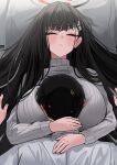  1boy 1girl absurdres black_hair blue_archive blush breast_rest breasts breasts_on_head ear_blush hair_spread_out halo hetero highres hug huge_breasts long_hair open_mouth ribbed_sweater rio_(blue_archive) sensei_(blue_archive) shirt sleeping sweatdrop sweater turtleneck turtleneck_sweater very_long_hair white_shirt white_sweater yuki_(asayuki101) 