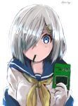  1girl blue_eyes blue_sailor_collar chicken99 grey_hair hair_ornament hair_over_one_eye hairclip hamakaze_(kancolle) highres kantai_collection looking_at_viewer mouth_hold name_connection neckerchief object_namesake one-hour_drawing_challenge sailor_collar school_uniform serafuku short_hair simple_background snake solo upper_body white_background yellow_neckerchief 