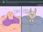  2018 4:3 4_fingers 5_fingers anthro ask_blog batspid2 big_breasts black_nose blush blush_lines breasts clothing crop_top dialogue digital_drawing_(artwork) digital_media_(artwork) duo english_text eyebrows eyelashes eyes_closed female fingers flabby_arms flat_colors frill_(anatomy) fur grey_clothing head_crest head_frill huge_breasts hyper hyper_breasts juna_(batspid2) lagomorph leporid lizard loa_(batspid2) mammal membrane_(anatomy) membranous_frill morbidly_obese morbidly_obese_anthro morbidly_obese_female navel obese obese_anthro obese_female overweight overweight_anthro overweight_female pink_body pink_skin purple_clothing purple_eyes rabbit reptile scalie shirt simple_background smile sweater tan_body tan_fur text topwear 