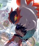  1boy 2girls 2others angry animal_ears blonde_hair blush_stickers cloak crossover faputa furry glowing glowing_eyes grey_hair helmet made_in_abyss multiple_girls multiple_others nanachi_(made_in_abyss) on_head open_mouth pokemon pokemon_(creature) pokemon_on_head rabbit_ears regu_(made_in_abyss) riko_(made_in_abyss) sasako39 sharp_teeth slither_wing teeth 