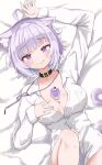  1girl absurdres animal_ear_fluff animal_ears arm_up belt_collar black_collar blush breasts cake cake_slice cat_ears cat_girl cat_tail collar food food_on_body food_on_breasts hand_on_own_chest highres hololive large_breasts lying medium_hair naked_shirt neck_ribbon nekomata_okayu on_back open_clothes open_shirt purple_eyes purple_hair purple_ribbon ribbon saty_(satezousan) shirt smile solo tail tongue tongue_out unbuttoned unbuttoned_shirt virtual_youtuber white_shirt 
