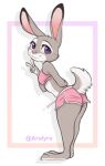  2023 anthro aralyre artist_name barefoot clothed clothing digital_media_(artwork) dipstick_ears disney feet female fur gesture grey_body grey_fur hi_res judy_hopps lagomorph leporid looking_at_viewer looking_back looking_back_at_viewer mammal midriff multicolored_ears pink_nose purple_eyes rabbit smile solo standing v_sign white_body white_fur zootopia 