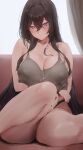  1girl absurdres arm_under_breasts bare_arms bare_shoulders black_hair blue_eyes blush breasts cleavage closed_mouth hair_between_eyes highres large_breasts long_hair looking_at_viewer original rororo sitting solo thighs 