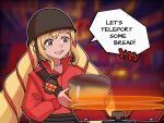  1girl :d blonde_hair bread brown_headwear cosplay elise_(fire_emblem) english_commentary english_text explosive fingernails fire_emblem fire_emblem_fates food grenade helmet high_collar holding long_sleeves mnejing30 multicolored_hair open_mouth outline purple_eyes smile soldier_(tf2) soldier_(tf2)_(cosplay) solo speech_bubble team_fortress_2 teeth twintails two-tone_hair upper_teeth_only white_outline 