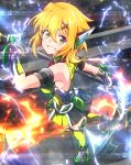  1girl akatsuki_kirika bare_shoulders blonde_hair blush breasts green_eyes green_thighhighs grin headgear highres holding holding_scythe looking_at_viewer miniskirt scythe senki_zesshou_symphogear short_hair skirt small_breasts smile solo tanashi_(mk2) thighhighs 