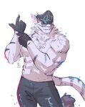  1boy abs absurdres animal_ears bara black_gloves claws dislyte english_commentary furry furry_male gloves highres hllwwes jin_qiu_(ru_shou)_(dislyte) looking_at_viewer male_focus pectorals sunglasses tail tiger_boy tiger_ears tiger_stripes tiger_tail topless_male white_background 