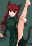  1girl absurdres animal_ears barefoot black_bow bow breasts cat_ears cat_tail closed_mouth dress eyebrows_hidden_by_hair feet_out_of_frame green_dress hair_bow hair_ribbon highres holding_leg juliet_sleeves kaenbyou_rin light_blush light_smile long_hair long_sleeves looking_at_viewer medium_breasts multiple_tails nail_polish nekomata panties puffy_sleeves red_eyes red_hair red_nails ribbon scottie0521 solo split standing standing_on_one_leg standing_split tail touhou tress_ribbon two_tails underwear upskirt very_long_hair white_panties 