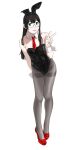  1girl absurdres animal_ears arm_behind_back black_hair black_leotard black_pantyhose breasts detached_collar fake_animal_ears full_body glasses green_eyes high_heels highres kantai_collection leaning_forward leotard long_hair looking_at_viewer necktie ojipon ooyodo_(kancolle) pantyhose playboy_bunny rabbit_ears red_footwear red_necktie simple_background small_breasts solo strap thighband_pantyhose v white_background wrist_cuffs 