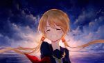  1girl arm_ribbon axleaki blonde_hair blue_sailor_collar blue_serafuku blue_shirt blush clenched_teeth closed_eyes cloud cloudy_sky commentary facing_viewer floating_hair hair_between_eyes highres horizon kantai_collection long_hair low_twintails moon_(ornament) necktie open_mouth red_ribbon ribbon sailor_collar satsuki_(kancolle) school_uniform serafuku shirt sky smile solo star_(sky) starry_sky teeth twilight twintails upper_body yellow_necktie 
