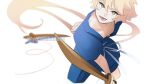  1boy aether_(genshin_impact) arm_behind_back blonde_hair genshin_impact highres holding holding_sword holding_weapon jinbei_(clothes) open_mouth short_hair smile solo sword twitter_username weapon wooden_sword yellow_eyes yuushiba 