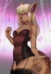  anthro canid canine clothed clothing fur gem girly hi_res jewelry legwear lingerie looking_at_viewer male mammal necklace nitricacid pearl_(gem) smile solo stockings zera_(zerarick) 