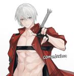  1boy belt_bra bishounen black_gloves blue_eyes coat dante_(devil_may_cry) devil_may_cry_(series) devil_may_cry_3 fingerless_gloves gloves highres jacket jin_(zhaomu_u) long_hair looking_at_viewer pale_skin rebellion_(sword) red_coat white_hair 