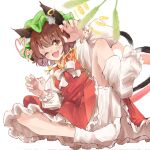  1girl ;d afterimage animal_ear_fluff animal_ears bloomers blush bow bowtie breasts brown_eyes brown_hair cat_ears cat_tail cat_teaser chen claw_pose commentary_request fang feet foot_focus gold_trim hands_up happy hat heart heart_tail highres looking_at_viewer mob_cap mouryou_(chimimouryou) multiple_tails nail_polish nekomata no_shoes one_eye_closed petticoat pink_nails playing red_skirt red_vest short_hair simple_background skin_fang skirt skirt_set small_breasts smile socks solo spread_legs swept_bangs tail touhou two_tails underwear vest white_background white_bow white_bowtie white_socks 