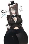  anthro bear blue_eyes breasts brown_body brown_fur brown_hair clothing female five_nights_at_freddy&#039;s freddy_(fnaf) fur gloves hair handwear hat headgear headwear hi_res looking_at_viewer mammal scottgames simple_background solo togetoge 